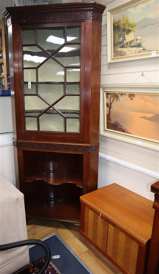 A Georgian mahogany standing corner cupboard, blind fret-carved and astragal-glazed over open shelving (modified) W.100cm